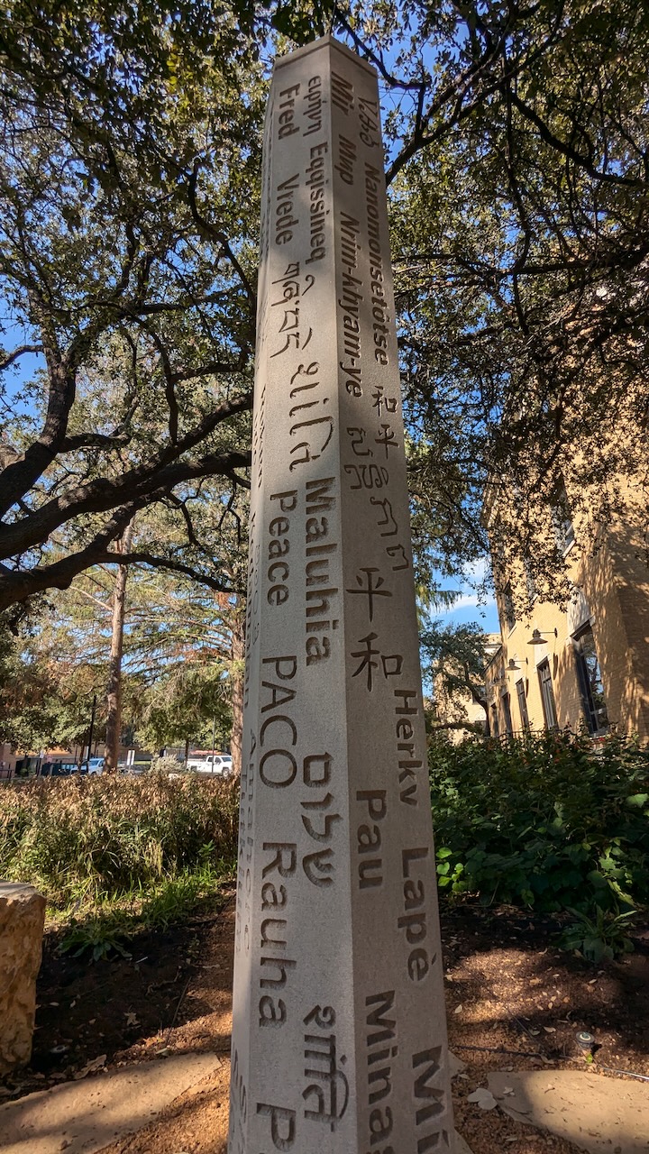 Close up photograph of the Peace Pole