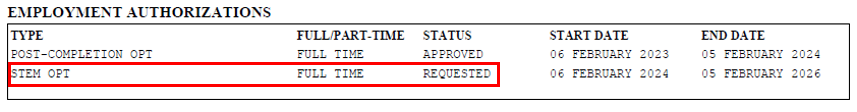 STEM OPT Authoriazation Screen Shot