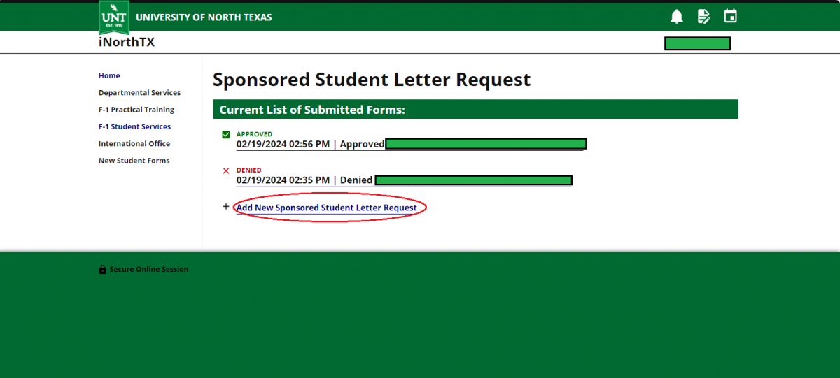 Screenshot of Sponsored Student Letter Request in iNorthTX